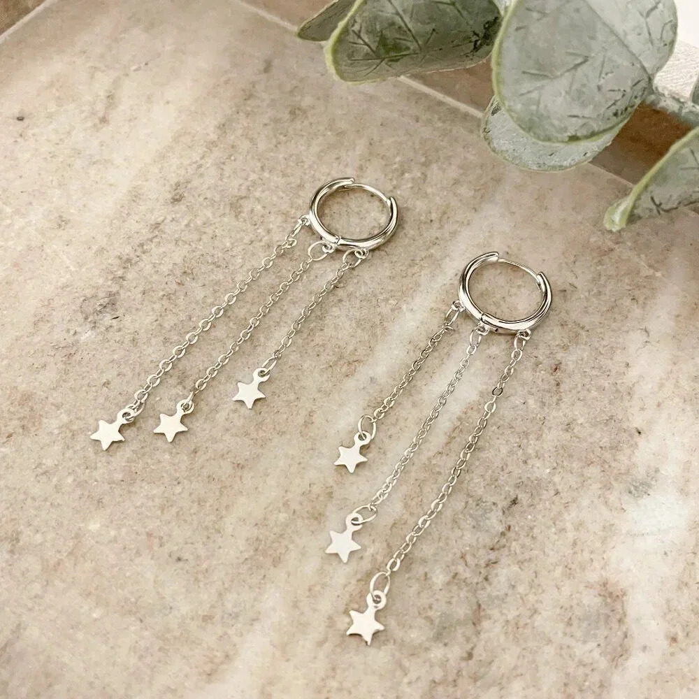 925 Sterling Silver Star Huggie Earrings Dangle Star Drop Earrings Hoop Huggies - Picture 3 of 6